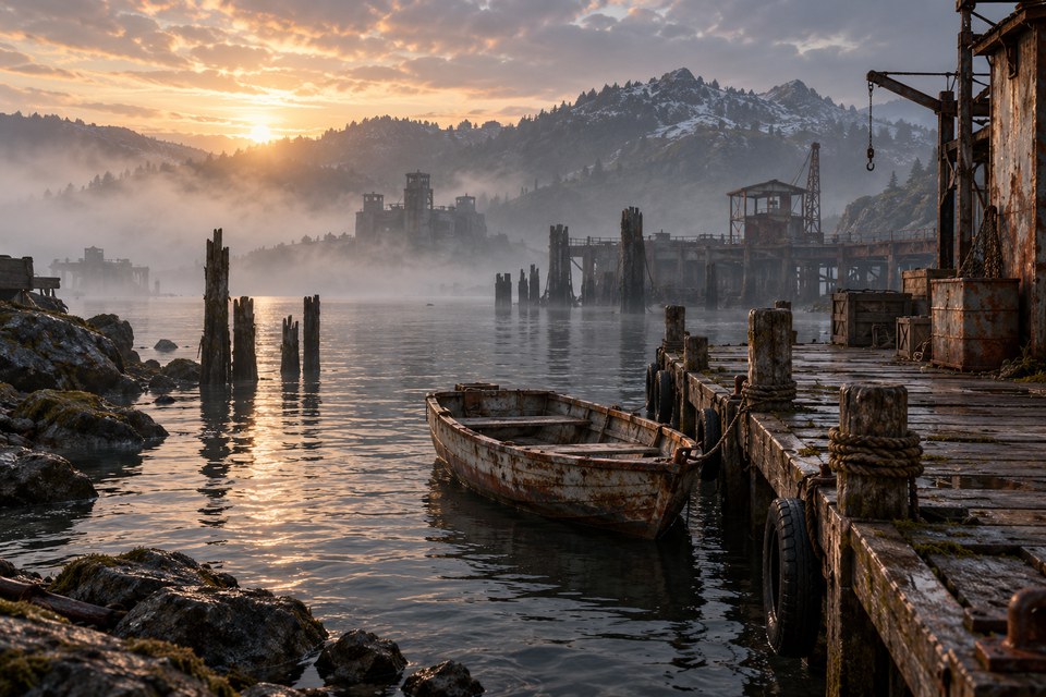 Barco vazio em um cais coberto de neblina