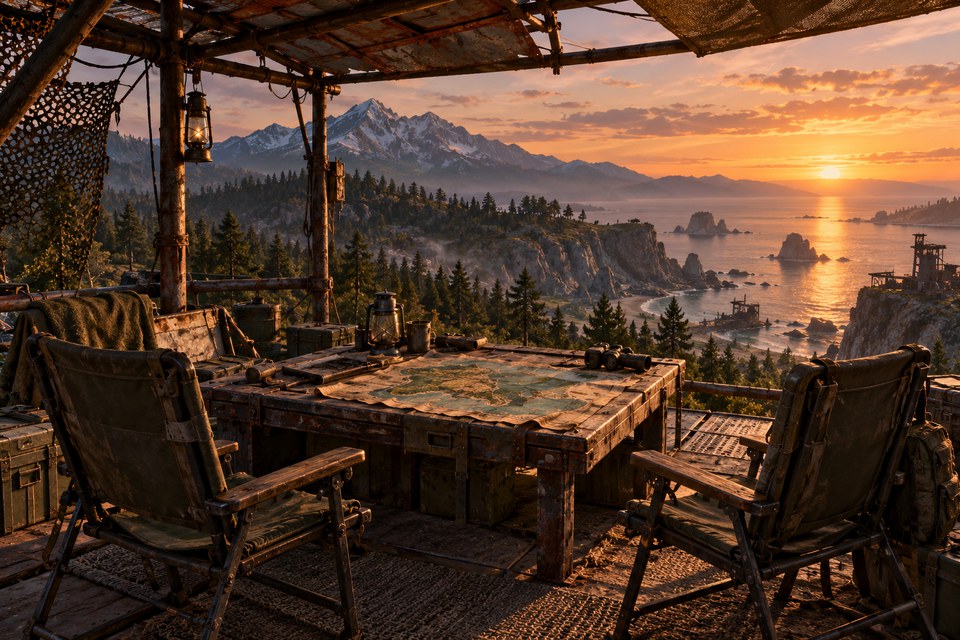 Mesa de planejamento em um abrigo vazio Mesa de planejamento em um abrigo vazio